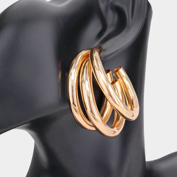 Gold Metal 2" Layered Triple Hoop Earrings Three Row Round Circle Womans - Picture 2 of 2